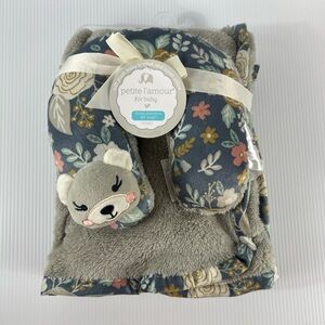 Petite l'amour Plush Baby Blanket & Travel Pillow Head Rest Gray Blue Floral NWT